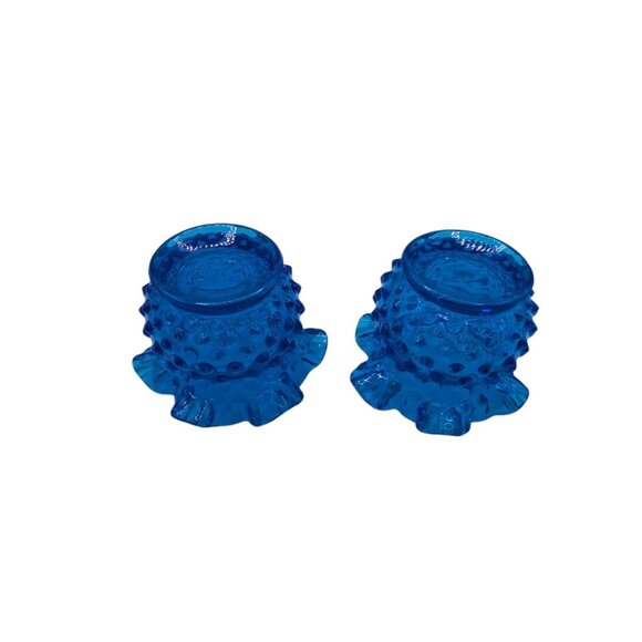 Fenton Blue Hobnail Glass Vase Set - 2 Pieces Ruffled Edge Collectibl - Picture 9 of 12